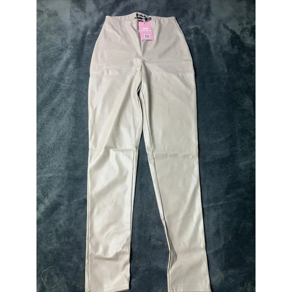 Missy Empire high waist leather look legging in ecru Stone Women’s Size US 8 New - Picture 7 of 16